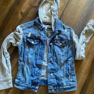 Express Distressed jean jacket‎ with fleece sleeves